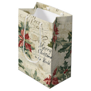 Merry Christmas To The World Holly Vintage Medium Gift Bag