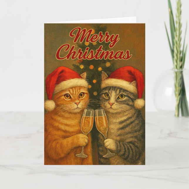 Merry Christmas – Toasting Cats Under the Tree   Card (Front)