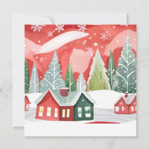 Merry Christmas Town Red Green Watercolor Holiday Card
