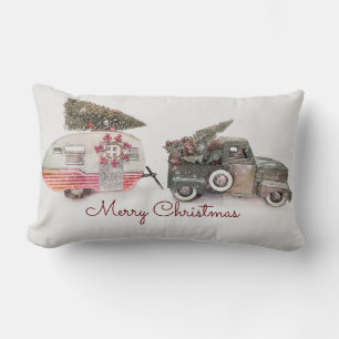 Merry Christmas Toy Truck and Travel Trailer Photo Lumbar Pillow