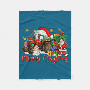 Merry Christmas Tractor With Santa Snowman Fleece Blanket