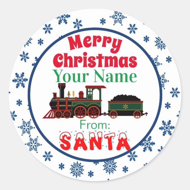 Merry Christmas Train from Santa Blue Snowflakes Classic Round Sticker (Front)