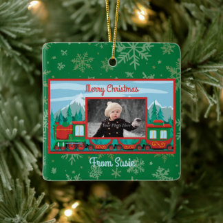 Merry Christmas Train Photo Ceramic Ornament