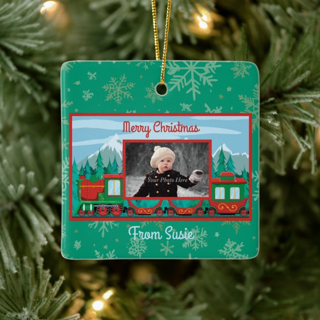 Merry Christmas Train Photo Ceramic Ornament (Tree)