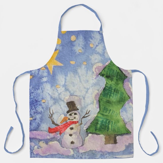 Merry Christmas Tree And Frosty Snowman Watercolor Apron (Front)