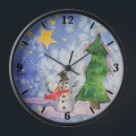 Merry Christmas Tree And Frosty Snowman Watercolor Clock<br><div class="desc">Round Wall Clock, wall art decor and decorative home furnishing decor accessory printed with Merry Christmas Tree And Frosty Snowman Watercolor painting original artwork design and select products collection by TheFabricSeal print on demand shop at Zazzle.com #ZazzleMade https://www.zazzle.com/store/thefabricseal TheFabricSeal©️Original. This cheerfully fun design image print is a hand painted watercolor...</div>