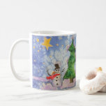 Merry Christmas Tree And Frosty Snowman Watercolor Coffee Mug<br><div class="desc">Classic Cup Mug coffee tea beverage drinking container printed with Merry Christmas Tree And Frosty Snowman Watercolor painting original artwork design and select products collection by TheFabricSeal print on demand shop at Zazzle.com #ZazzleMade https://www.zazzle.com/store/thefabricseal TheFabricSeal©️Original. This cheerfully fun design image print is a hand painted watercolor painting is a whimsical...</div>