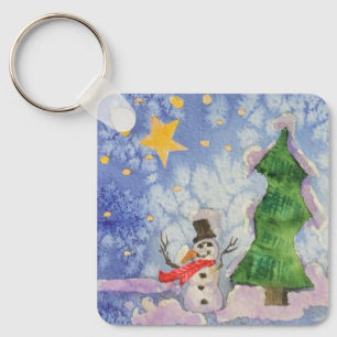 Merry Christmas Tree And Frosty Snowman Watercolor Keychain