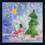 Merry Christmas Tree And Frosty Snowman Watercolor Poster<br><div class="desc">Wall Hanging Poster Print printed with Merry Christmas Tree And Frosty Snowman Watercolor painting original artwork design and select products collection by TheFabricSeal print on demand shop at Zazzle.com #ZazzleMade https://www.zazzle.com/store/thefabricseal TheFabricSeal©️Original. This cheerfully fun design image print is a hand painted watercolor painting is a whimsical wintertime season landscape scene...</div>