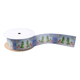 Merry Christmas Tree And Frosty Snowman Watercolor Satin Ribbon