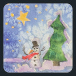 Merry Christmas Tree And Frosty Snowman Watercolor Square Sticker<br><div class="desc">Square Sticker Decals printed with Merry Christmas Tree And Frosty Snowman Watercolor painting original artwork design and select products collection by TheFabricSeal print on demand shop at Zazzle.com #ZazzleMade https://www.zazzle.com/store/thefabricseal TheFabricSeal©️Original. This cheerfully fun design image print is a hand painted watercolor painting is a whimsical wintertime season landscape scene with...</div>