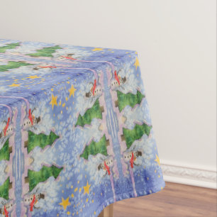 Merry Christmas Tree And Frosty Snowman Watercolor Tablecloth
