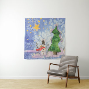 Merry Christmas Tree And Frosty Snowman Watercolor Tapestry