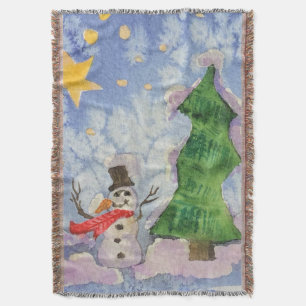Merry Christmas Tree And Frosty Snowman Watercolor Throw Blanket
