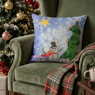 Merry Christmas Tree And Frosty Snowman Watercolor Throw Pillow