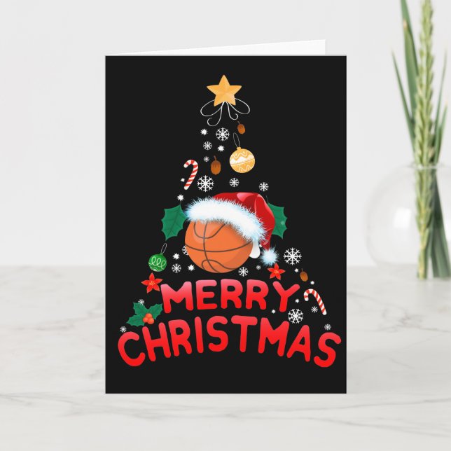 Merry Christmas Tree Basketball Santa Hat 2021  Holiday Card (Front)