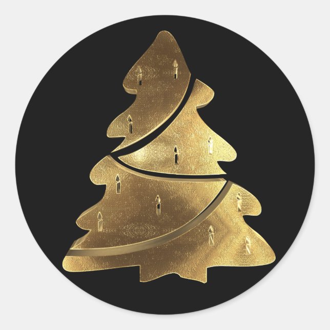 Merry Christmas Tree Black and Gold Elegant Classic Round Sticker (Front)