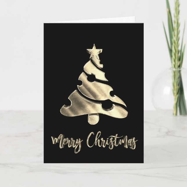 Merry Christmas Tree Black and Gold Text Elegant Holiday Card (Front)