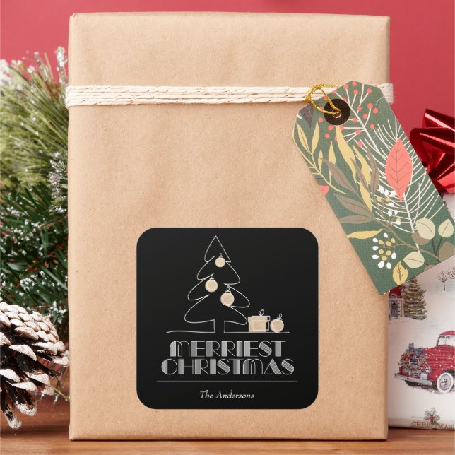 Merry Christmas Tree Black Square Sticker (Holiday)