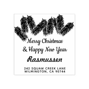 Merry Christmas tree branche Family Return Address Rubber Stamp