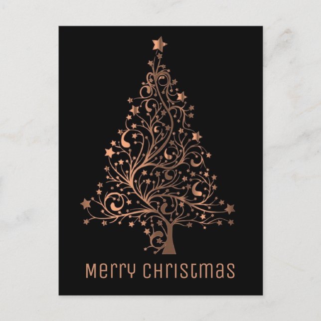 Merry Christmas Tree Brown Copper Metallic Look Holiday Postcard (Front)