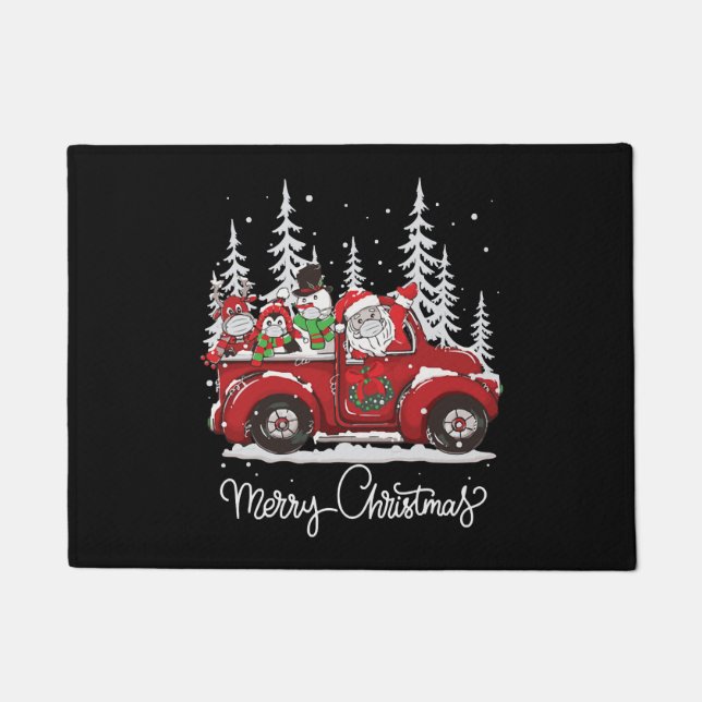 Merry Christmas Tree Buffalo Plaid Red Truck Doormat (Front)