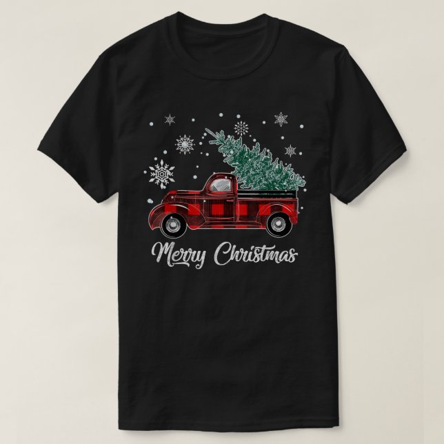 Merry Christmas Tree Buffalo Plaid Red Truck  T-Shirt (Design Front)