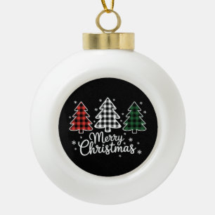 Merry Christmas Tree Buffalo Plaid Red White Green Ceramic Ball Christmas Ornament