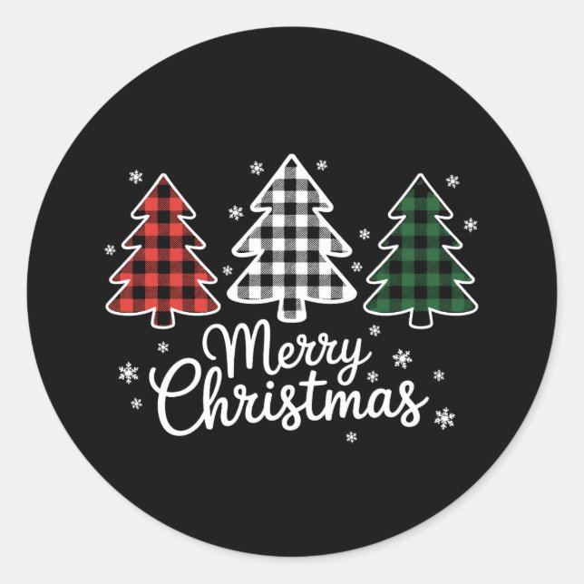 Merry Christmas Tree Buffalo Plaid Red White Green Classic Round Sticker (Front)