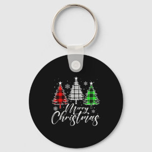 Merry Christmas Tree Buffalo Plaid Red White Green Keychain