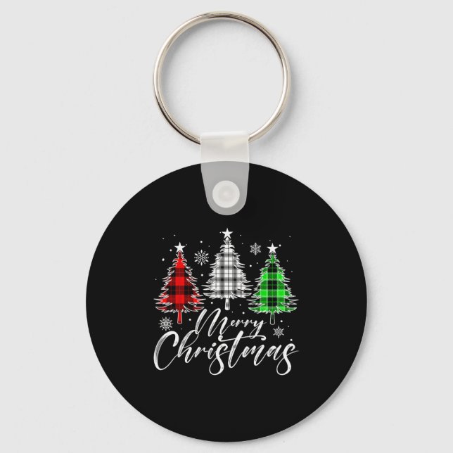 Merry Christmas Tree Buffalo Plaid Red White Green Keychain (Front)