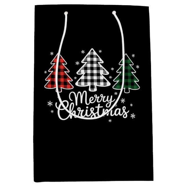 Merry Christmas Tree Buffalo Plaid Red White Green Medium Gift Bag (Front)