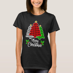 Merry Christmas Tree Buffalo Plaid Red White Green T-Shirt