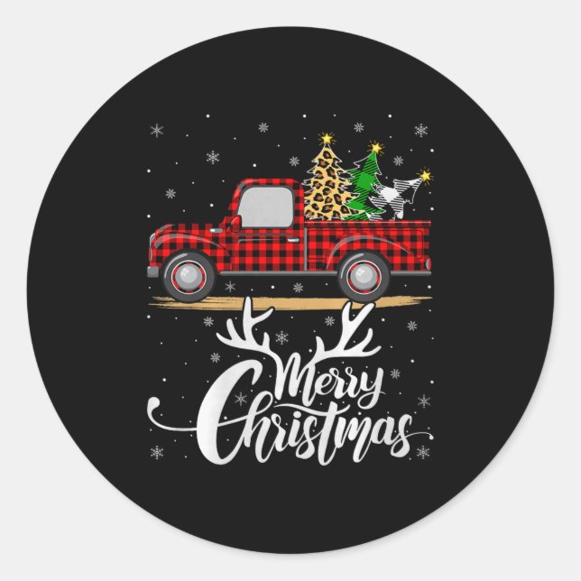 Merry Christmas Tree Buffalo Plaid Truck Family Gr Classic Round Sticker (Front)