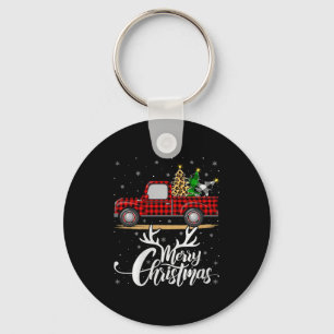 Merry Christmas Tree Buffalo Plaid Truck Family Gr Keychain