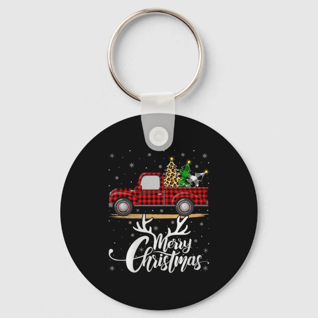 Merry Christmas Tree Buffalo Plaid Truck Family Gr Keychain (Front)