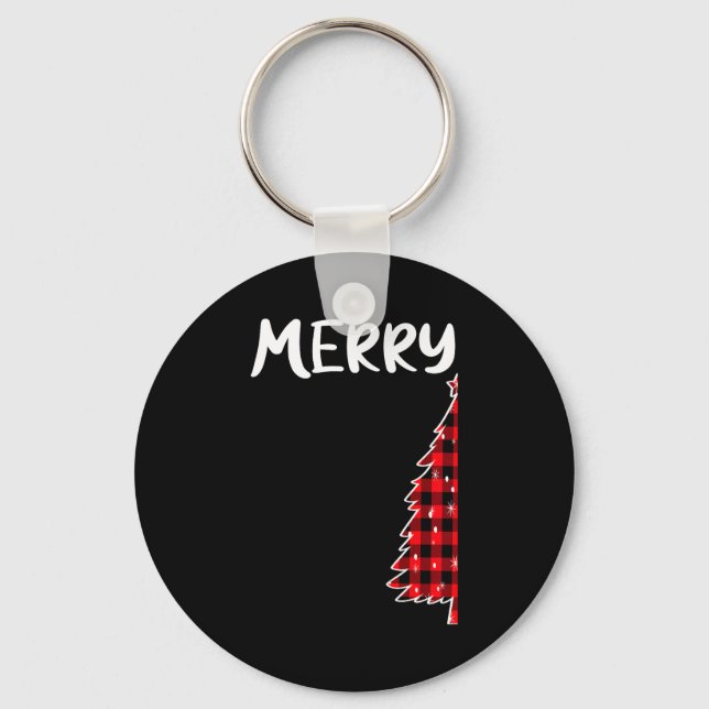 Merry Christmas Tree Buffalo Plaid Xmas Couples Ma Keychain (Front)