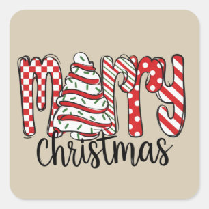 Merry Christmas Tree Cake Xmas Festive Holiday Square Sticker