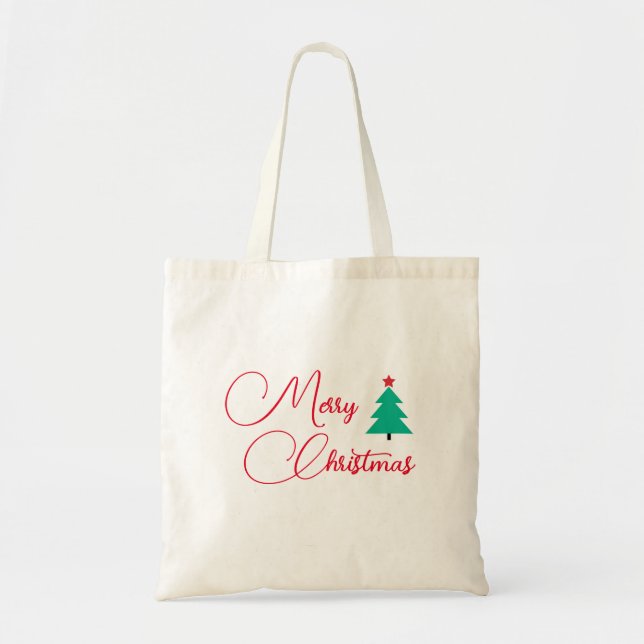Merry Christmas Tree Calligraphy Tote Bag (Front)