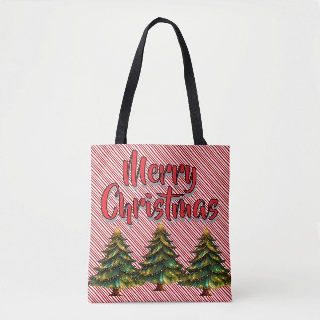 Merry Christmas Tree Candy Cane Fun Holiday Tote Bag (Front)