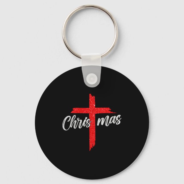 Merry Christmas Tree Christian Cross Jesus Faith B Keychain (Front)