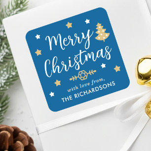 Merry Christmas Tree Custom Family Name Blue Square Sticker