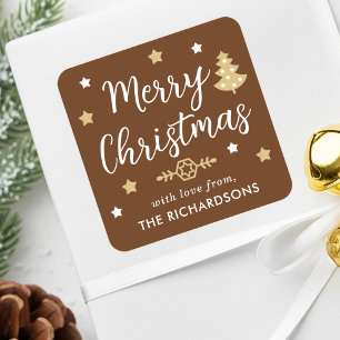 Merry Christmas Tree Custom Family Name Brown Square Sticker