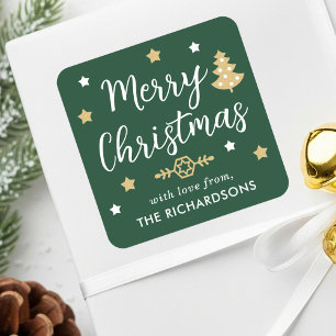 Merry Christmas Tree Custom Family Name Dark Green Square Sticker