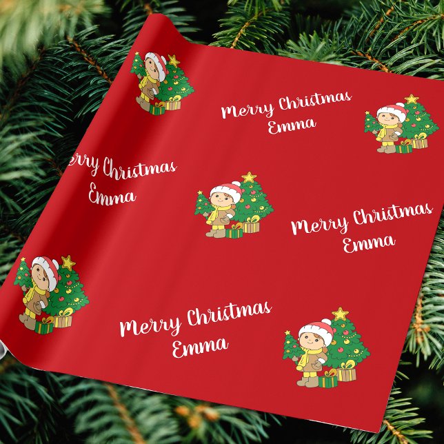 Merry Christmas Tree Custom Name Personalized Wrapping Paper (Creator Uploaded)