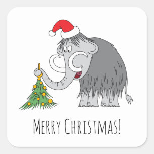 Merry Christmas Tree Cute Mammoth Santa Hat Square Sticker
