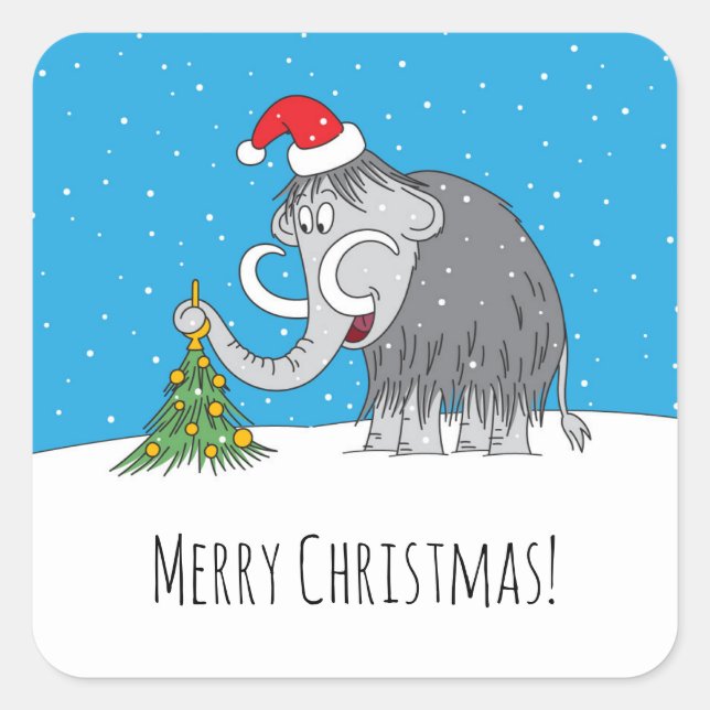 Merry Christmas Tree Cute Mammoth Santa Hat Square Sticker (Front)