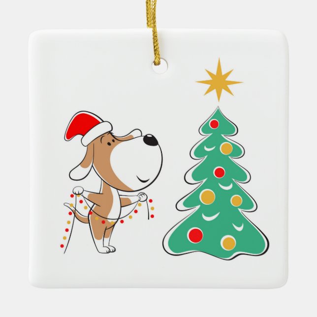 Merry Christmas Tree Cute Puppy Dog Santa Hat Cera Ceramic Ornament (Front)