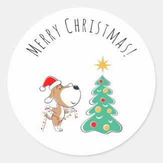 Merry Christmas Tree Cute Puppy Dog Santa Hat