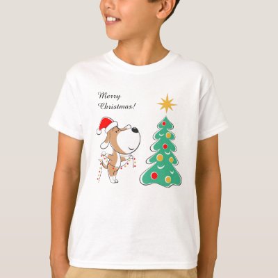 Merry Christmas Tree Cute Puppy Dog Santa Hat T-Sh
